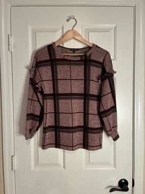 Plaid Ruffle Detail Crewneck Sweater in Mauve
